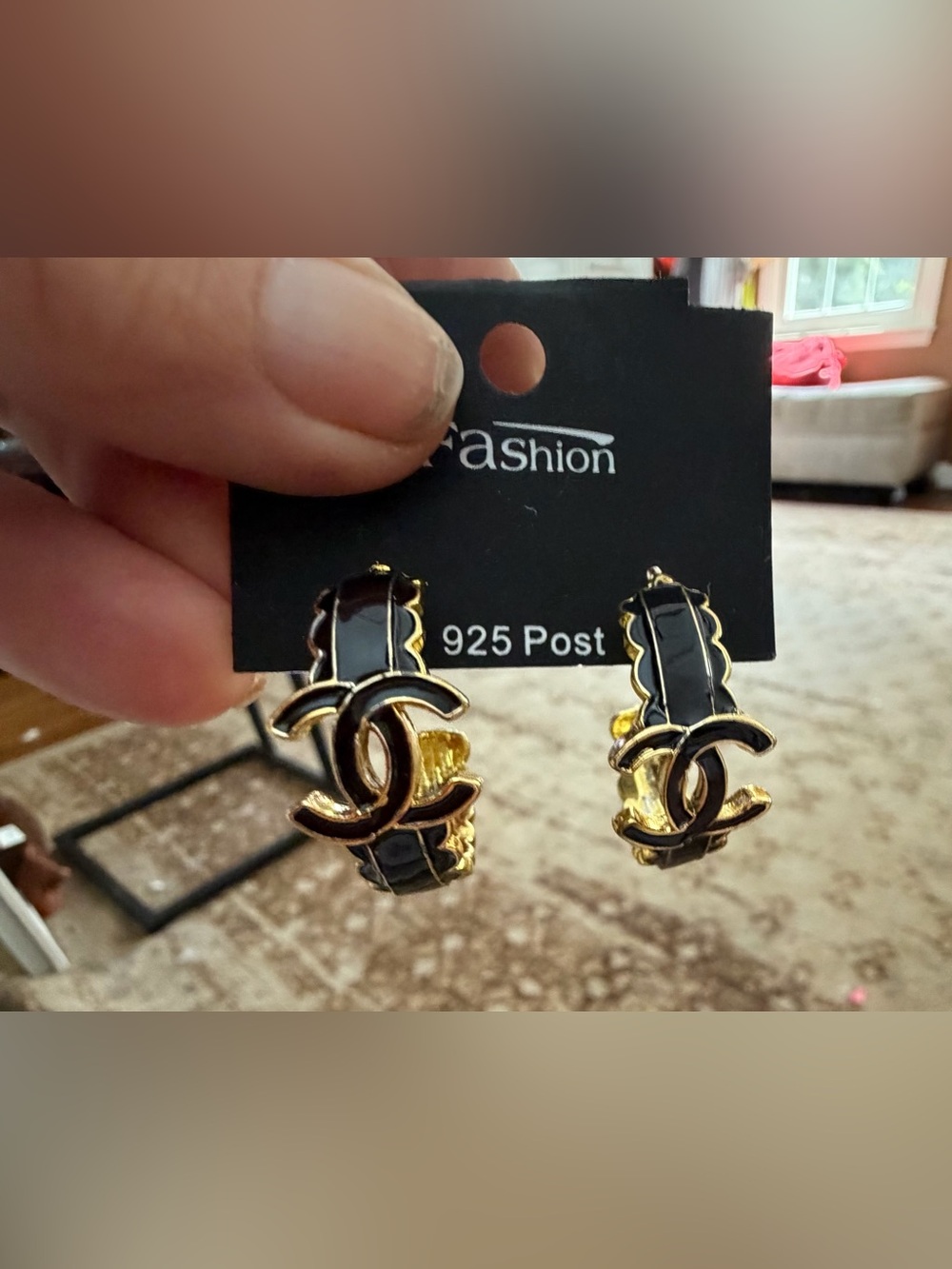 Fashion Jewelry Black and Gold Interlock Hoop Post Earrings, fashion jewelry - Picture 7 of 7